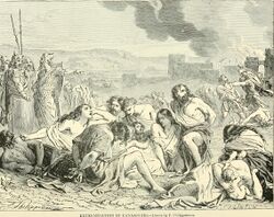 An illustration depicting several Canaanites half-naked distressed and under watch by Israelite soldiers.
