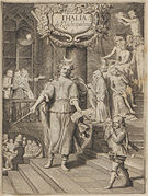 Talía, musa y maestra de comediantes, según dibujo de Hoogstraten (hacia 1675). Universidad de Nimega (biblioteca).