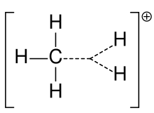 A carbon atom single-bonded to each of three hydrogen atoms and engaging in a three-center two-electron bond with two additional hydrogen atoms, the group as a whole bearing a +1 charge