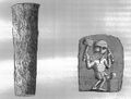 A trussell for use with a pile in producing hammered coins as shown by the moneyer at work.