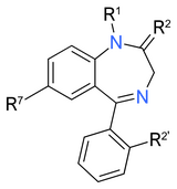 Chemical structure diagram of a benzene ring fused to a diazepine ring. Another benzene ring is attached to the bottom of the diazepine ring via a single line. Attached to the first benzene ring is a side chain labeled R7; to the second, a side chain labeled R2'; and attached to the diazepine ring, two side chains labeled R1 and R2.