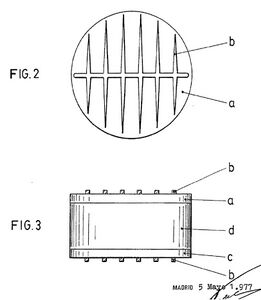 Drawings in Luque's 1978 patent ES458514A1 of the npp+ cell bifacial solar cell. (a): n-type layer; (b):metal grids; (c): p+-type layer; (d) p-type wafer