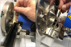 Two images: one shows a glass rod positioned between the DART and the mass spectrometer inlet. The second shows an elastic o-ring positioned in the DART gas stream.