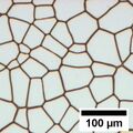 Voronoi tessellation pattern of polygons achieved by the coalescence of dewetting holes.