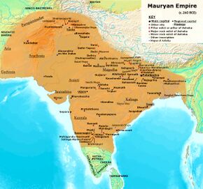 Maximum extent of the Maurya Empire, as shown by the location of Ashoka's inscriptions, and visualized by ASI (Archeological Survey Of India) based on ancient inscriptions, ancient Greecian , ancient Indian texts,[1] modern archaeologist : Dougald J. W. O'Reilly,[2] old archeologist Myra Shackley:[3] modern historian : Upinder Singh,[4]Jackson J. Spielvogel[5][6]Hugh Bowden;[7] old historians:John Haywood;[8]Patrick Karl O'Brien,[9][10]H. C. Raychaudhuri,[11]John F. Cady,[12]Gerald Danzer,[13]Vincent Arthur Smith;[14] Robert Roswell Palmer,[15]Geoffrey Parker,[16]R. C. Majumdar;[17] and historical geographer:Joseph E. Schwartzberg.[18]