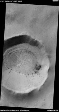Wide view of crater that contains examples of spiders, as seen by HiRISE under HiWish program. Close views of some of the spider formations are shown in following images.