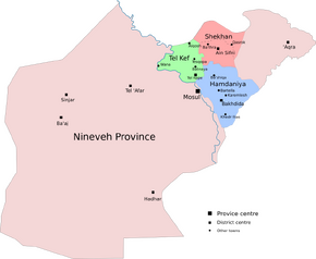Map of the three districts which constitute Nineveh plains overlaid over the Ninawa Governorate map.