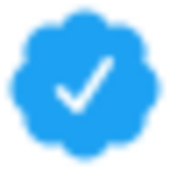 Blue eight-lobed badge with checkmark icon