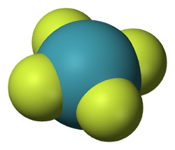 A model of planar chemical molecule with a blue center atom (Xe) symmetrically bonded to four peripheral atoms (fluorine).