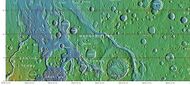 Tography map of Oxia Palus region of Mars showing the location of a number of chaos regions, including Hydrates Chaos
