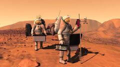 Concept art by NASA of two people in suits on Mars setting up weather equipment.[22]