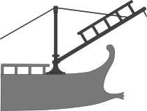 A diagram showing the location and usage of a corvus on a Roman galley.