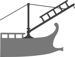 A diagram showing the location and usage of a corvus on a Roman galley.