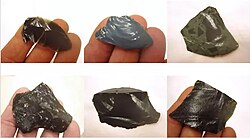 A group of six photos showing hand specimens of glassy volcanic rocks.