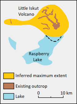Diagram showing the locations of rock outcrops, prehistoric lakes and the inferred maximum extent of a geological formation.