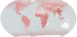 World map, largely in red with the exception of Australia, Madagascar, and Antarctica