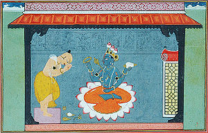 Closeup of Vishnu, seated in the lotus position on a lotus. From depiction of the poet Jayadeva bowing to Vishnu, Gouache on paper Pahari, The very picture of devotion, bare-bodied, head bowed, legs crossed and hands folded, Jayadeva stands at left, with the implements of worship placed before the lotus-seat of Vishnu who sits there, blessing the poet.