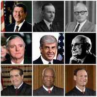 Collage of nine American conservatives: Ronald Reagan, Calvin Coolidge, Barry Goldwater, William F. Buckley Jr., Jack Kemp, Milton Friedman, Antonin Scalia, Clarence Thomas, Samuel Alito