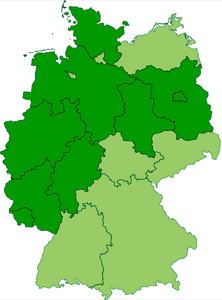 Map of the current states of Germany (in dark green) that are completely or mostly situated inside the old borders of Imperial Germany's Kingdom of Prussia