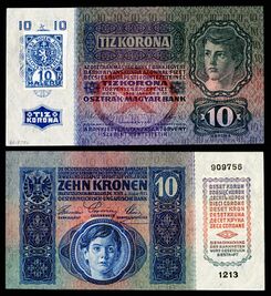 Republic of Czechoslovakia 10 Korun note (1919, provisional and first issue).