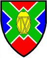 Arms of North West Province, South Africa: Per saltire gules and azure, a saltire quadrate vert, fimbriated argent.