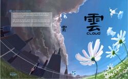 A curved painting of a field of white flowers in front a gray, fenced-in city. The word "Cloud" is written below the Chinese character for the same the right side, and description of the game is in a gray box on the left.