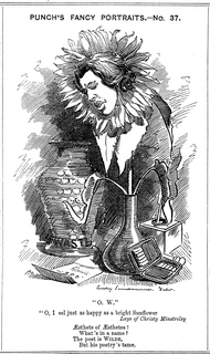 A hand-drawn cartoon of Wilde, he face depicted in a wilted sunflower standing in a vase. His face is sad and inclined towards a letter on the floor. A larger china vase, inscribed "Waste..." is placed behind him and an open cigarette case to his left.