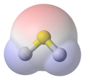 Hydrogen sulfide, van-der-Waals-based model with ball-and-stick model superimposed, with electrostatic potential surface