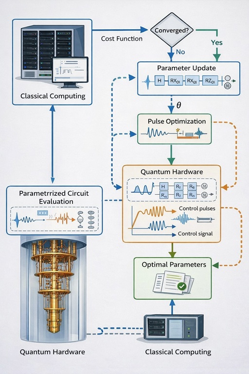 Flowchart illustrating a hybrid quantum-classical variational algorithm with partial compilation. The process combines pulse optimization on quantum hardware (parameterized circuit evaluation)