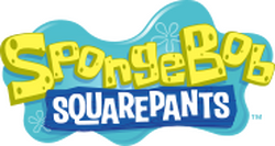 The series' logo. It features the word "SpongeBob" written in a yellow sponge-like font, with the word "SquarePants" written below in a white font on a blue wooden board. A light blue splash of water is behind the words.