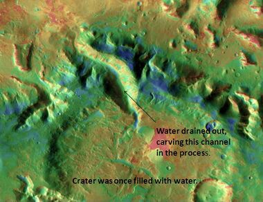Channel in Nilosyrtis that was formed when a lake in a 45-mile-wide crater drained, as seen by THEMIS.