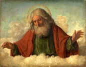 Painting of a bearded man with gray hair above the clouds looking downwards
