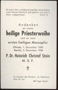 Reverse side of the in memoriam card for the ordination to priesthood and the first mass of a member of the Congregatio Missionariorum a Sancta Familia in 1940