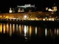 The fortress (background), Salzburg Cathedral (middle), and the Salzach (foreground)