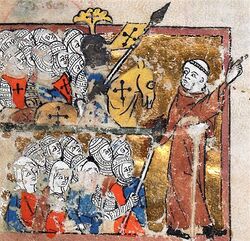 A miniature depicting a group of armed and unarmed people following a monk