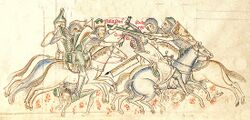 A drawing depicting fighting horsemen, with one of them holding a large cross