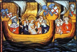 Manuscript illumination of a fleet manned with men, including one wearing a crown