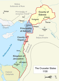 Map showing the four Crusader states and other realms in the Levant