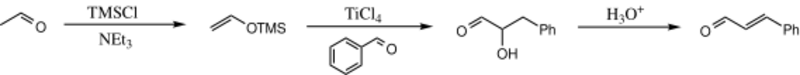 Ethanal and benzaldehyde silyl enol ether condensation.svg