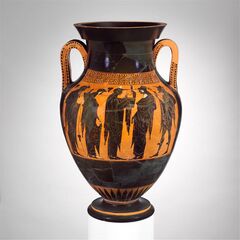 Leto on an ancient vase between Apollo and Hermes