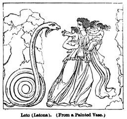 Python pursuing Leto and her children, engravings on wood from a vase