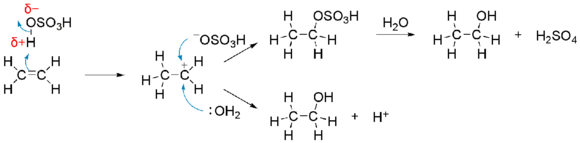 Electrophilic reaction of sulfuric acid with ethene.png