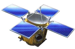Model of a cylindrical spacecraft with four square-shaped solar panels at one of the craft's edges