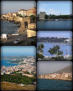 A collage of Sinop, Turkey. Top left: view of Sinop North Wall, nearby Demirci and Bezirci area; top right: Sinop Fortress and Port of Sinop; middle right: View of Plaj Yolu, nearby Sinop Anadolu Imam Hatip College from Baris Manco Park; bottom left: Panorama view of downtown Sinop, from Hippodrome Hill; bottom right: Hamsilos resort area