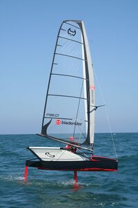 International Moth class sailboat on foils.