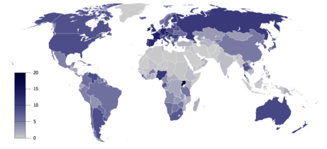 Total recorded alcohol per capita consumption (15+), in litres of pure alcohol[71]