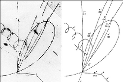 Photo of bubble chamber tracks next to diagram of same tracks. A neutrino (unseen in photo) enters from below and collides with a proton, producing a negatively charged muon, three positively charged pions, and one negatively charged pion, as well as a neutral lambda baryon (unseen in photograph). The lambda baryon then decays into a proton and a negative pion, producing a "V" pattern.