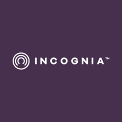 By the center-left, a square purple with an anonymous person rounded by connection signals in white. By its side, there's the name of the company Incognia, which is also in white.