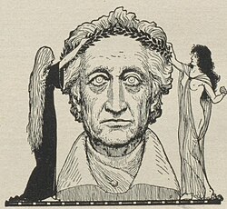 Black-and-white illustration of a large stone-like male head, with two nude female figures standing on either side, one crowning it with a laurel wreath.