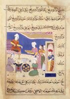 Medieval Indian Manuscript (circa 16th century) showing samosas being served.